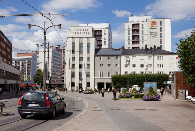 Stadsbild som visar Signalfabriken i Sundbyberg