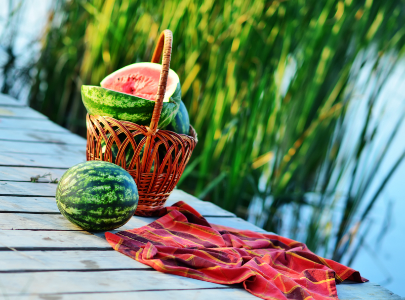 På en brygga står en korg med vattenmeloner i. Bredvid korgen ligger en vattenmelon och en rutig rödrutig handduk.