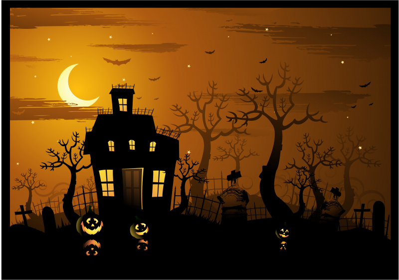 En halloweenillustration med ett spökhus, fladdermöss i luften och urkarvade pumpor på kyrkogården.