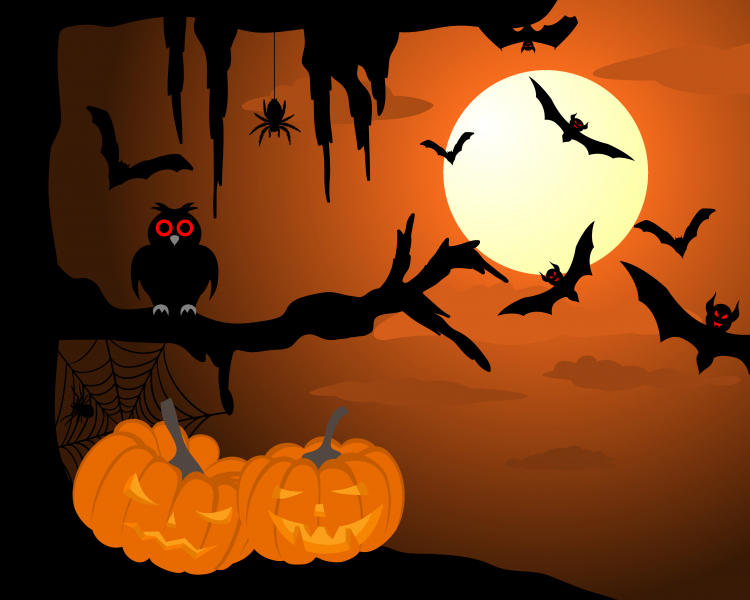 En halloween-illustration med en uggla med röda ögon sitter på en trädgren. 6 fladdermöss flyger vid trädet framför månens sken. Nedanför träder ligger det två urkarvade pumpor.