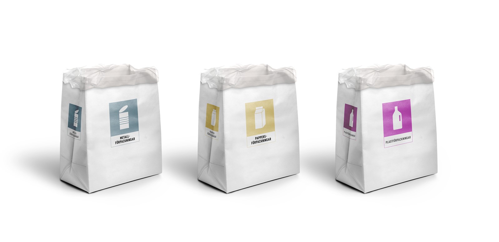En illustration med tre olika papperspåsar. en för metallförpackningar, en för pappersförpackningar och en för plastförpackningar.