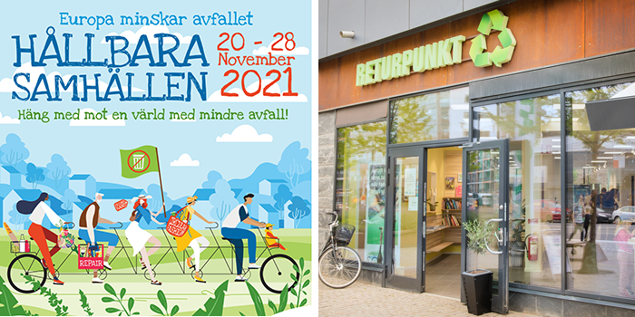 Ett litet kollage med två bilder. Den första är en reklamlapp för kampanjen "Europa minskar avfallet-veckan" och den andra bilden består av Returpunktens entrédörr i Sundbyberg.