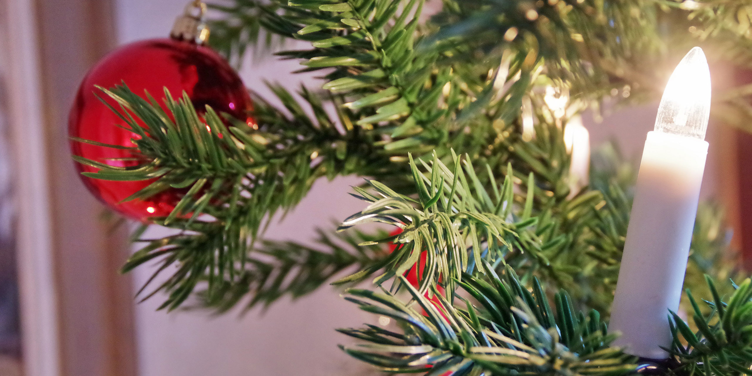 En ljusslinga lyser upp en julgranskvist. På en annan kvist hänger en röd julgranskula.