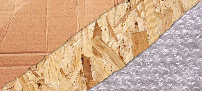 Bildkollage av kartong, trä och bubbelplast