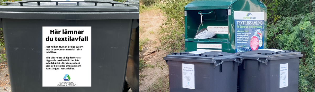 Montage av två bilder som visar tillfälliga avfallskärl där medborgare i kommunen kan slänga textilavfall.